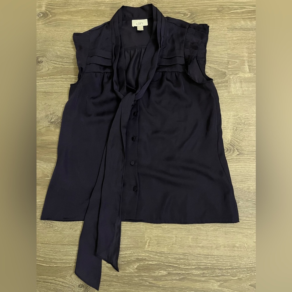 LOFT Deep Purple Blouse with Button and Tie Accent Size S